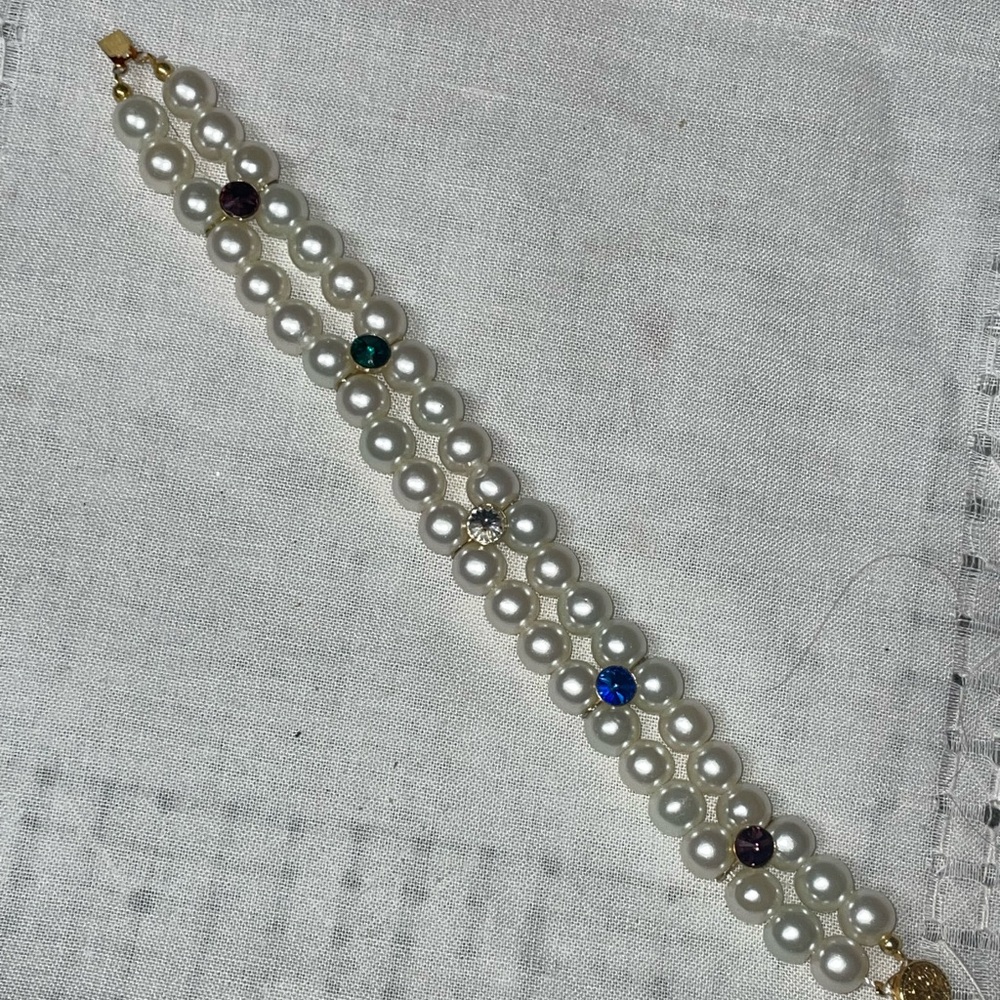 Golden 8mm bright white pearl multi strand accent crystal bracelet button slide